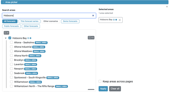 The area picker, with a search narrowing the list and one forecast opened to show its small areas