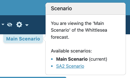 The Scenario badge on a forecast page, with the switcher open