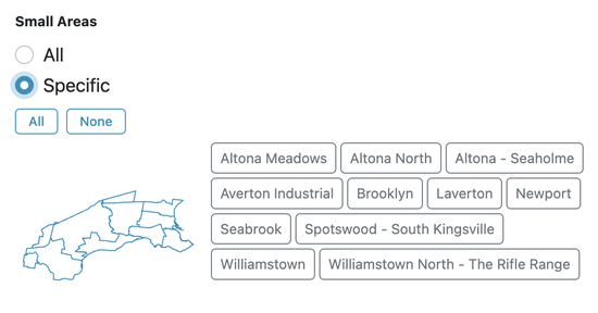 Small Areas section — "Specific" selected with interactive map and area buttons