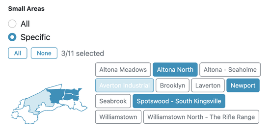 Filter panel — Small Areas section with interactive map and area button grid